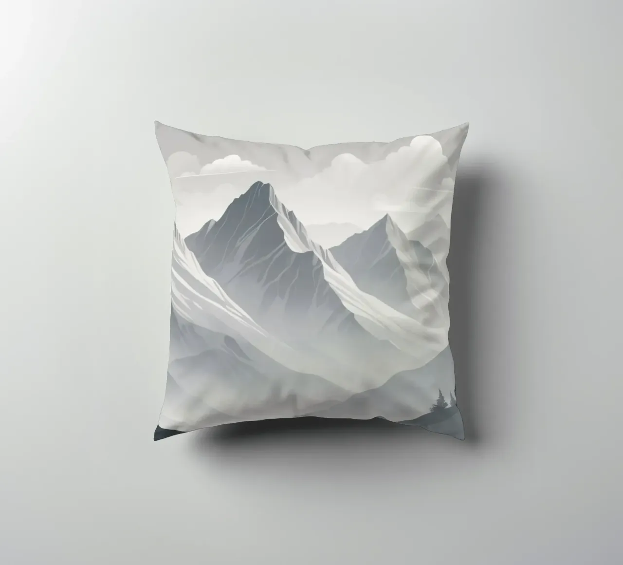 mountain range with snow-capped peaks and cloudy skies decorative cushion by DesignDoodle