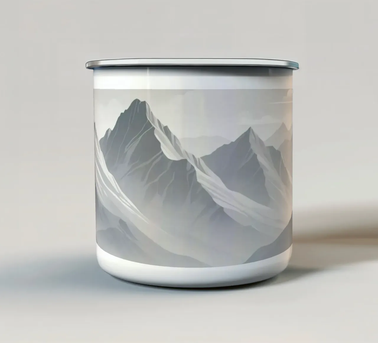 mountain range with snow-capped peaks and cloudy skies enamel mug by DesignDoodle