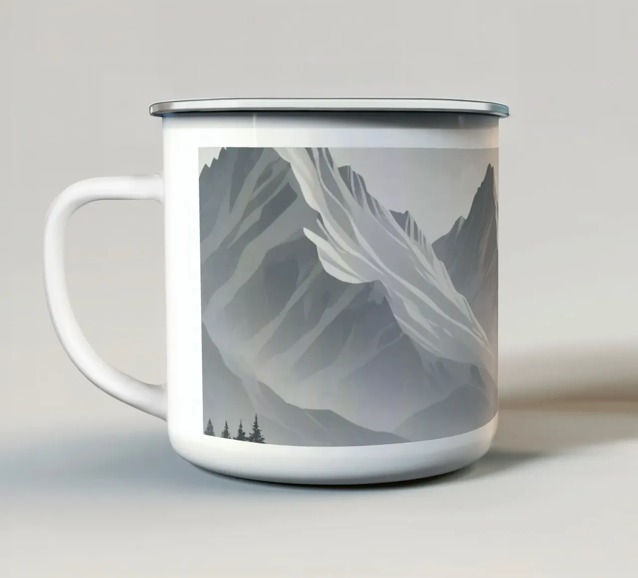 mountain range with snow-capped peaks and cloudy skies enamel mug by DesignDoodle