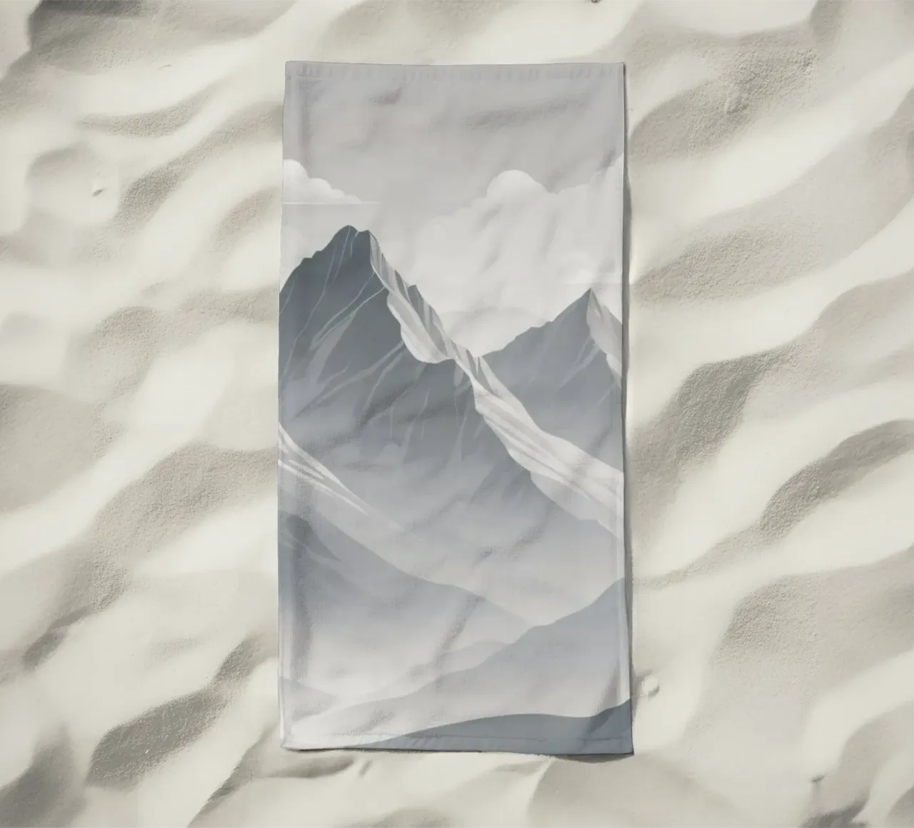 mountain range with snow-capped peaks and cloudy skies beach towel by DesignDoodle