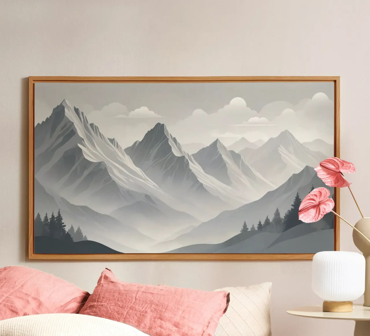 mountain range with snow-capped peaks and cloudy skies alu-dibond by DesignDoodle