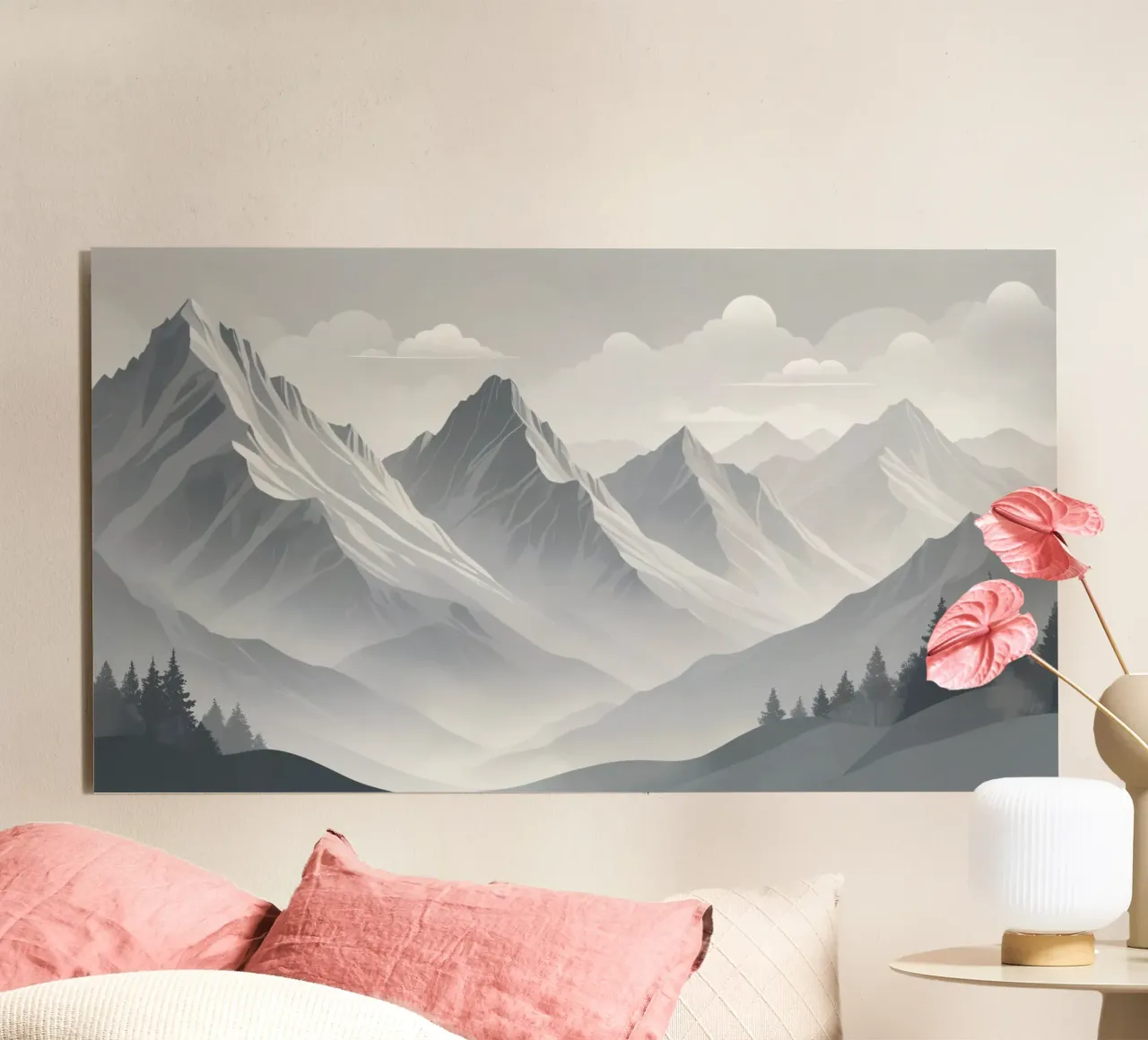 mountain range with snow-capped peaks and cloudy skies alu-dibond by DesignDoodle