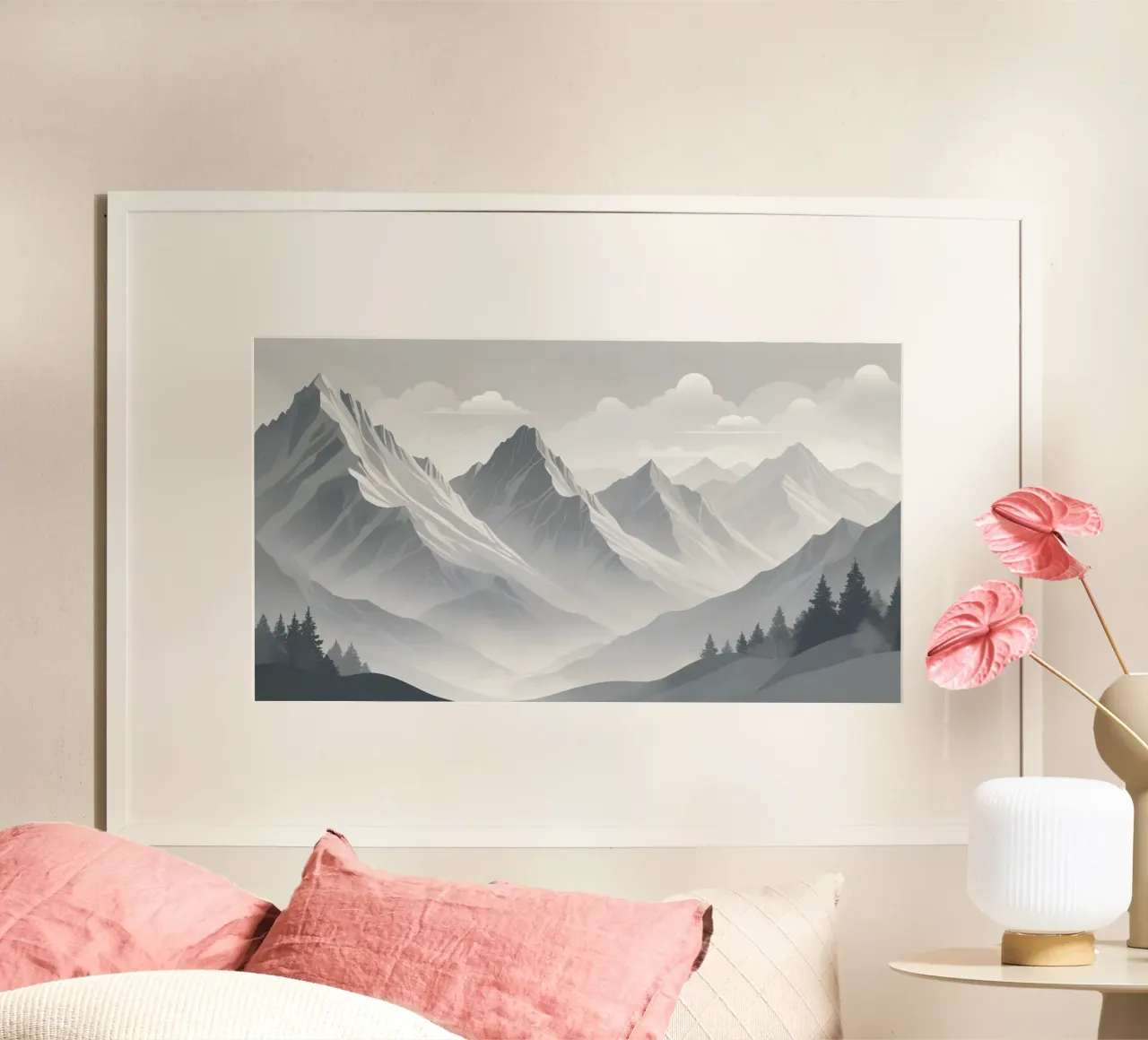 mountain range with snow-capped peaks and cloudy skies poster by DesignDoodle