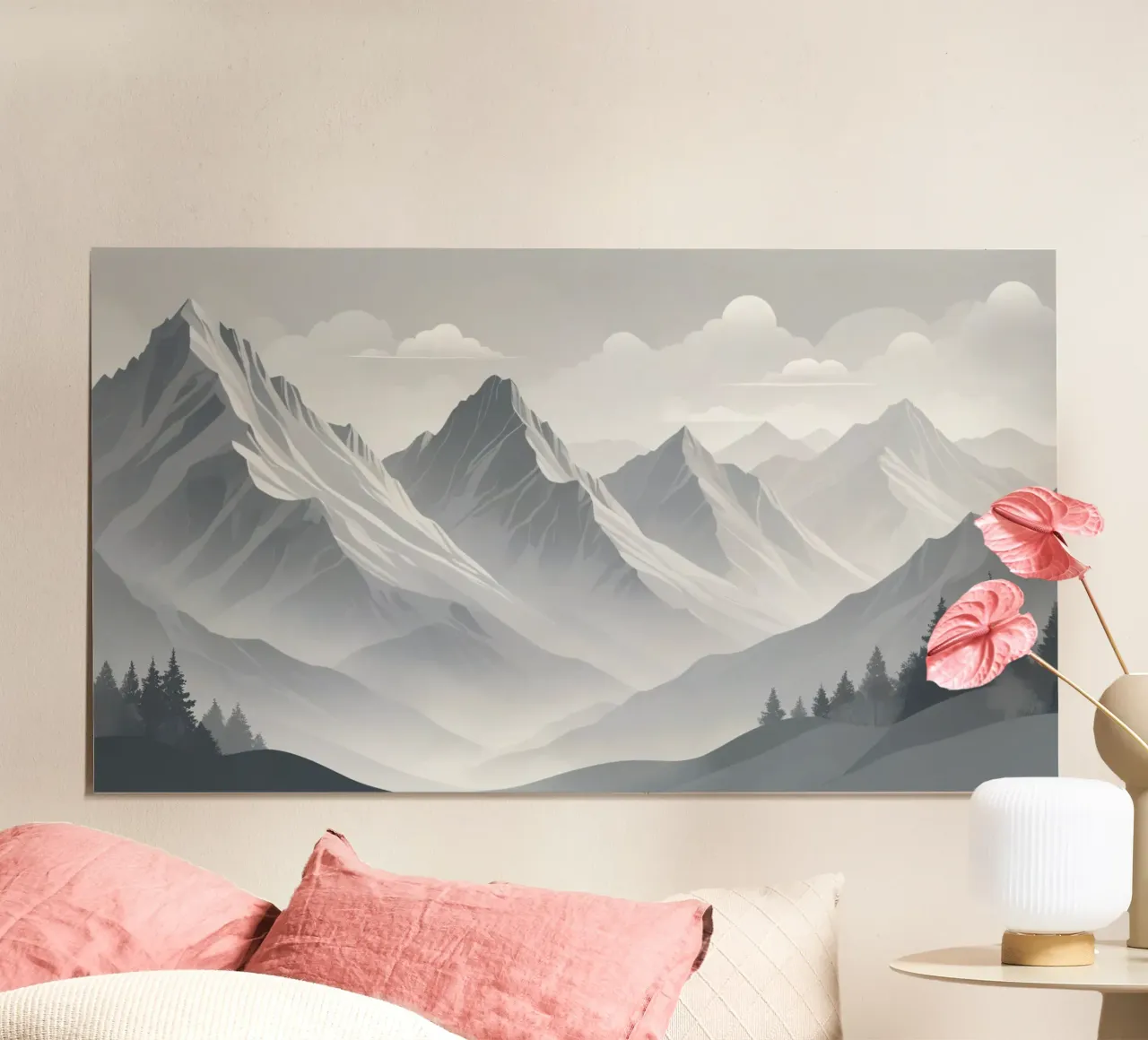 mountain range with snow-capped peaks and cloudy skies poster by DesignDoodle