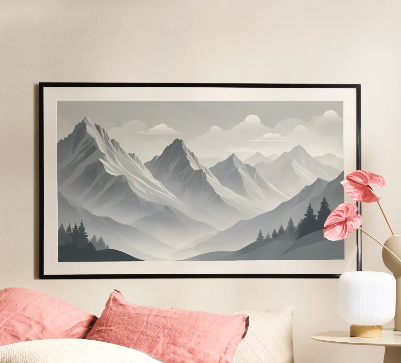 mountain range with snow-capped peaks and cloudy skies poster by DesignDoodle