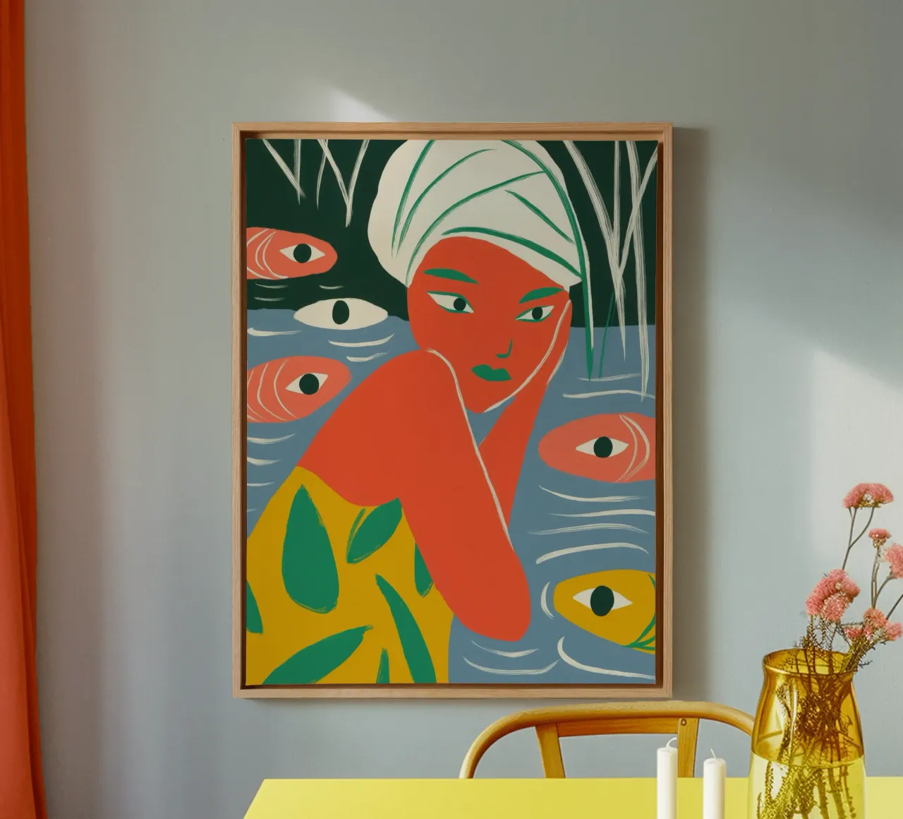 Vrouw badend met de vissen in de vijver canvas met Baklijst van Autofocus