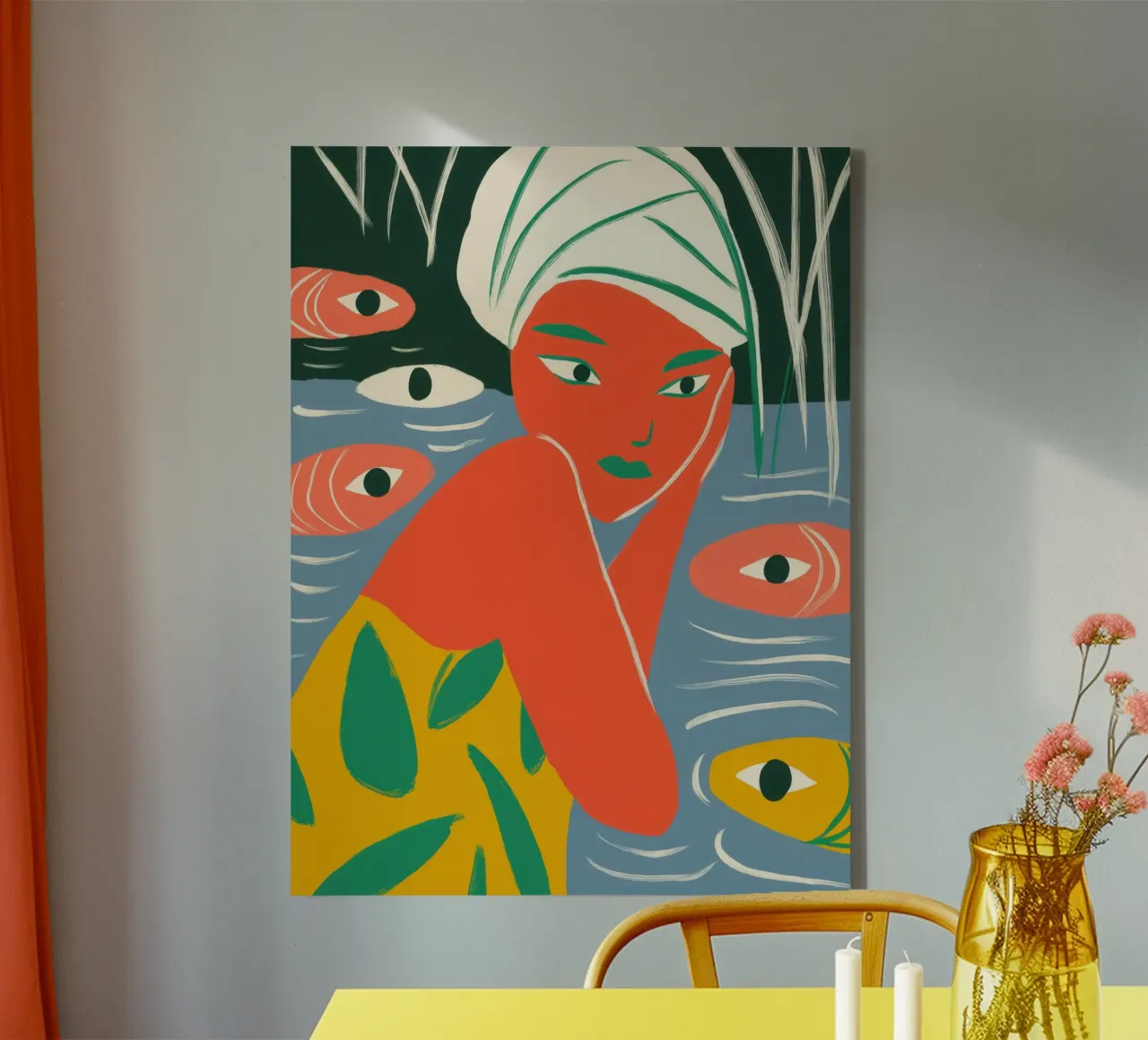 Vrouw badend met de vissen in de vijver canvas met Baklijst van Autofocus