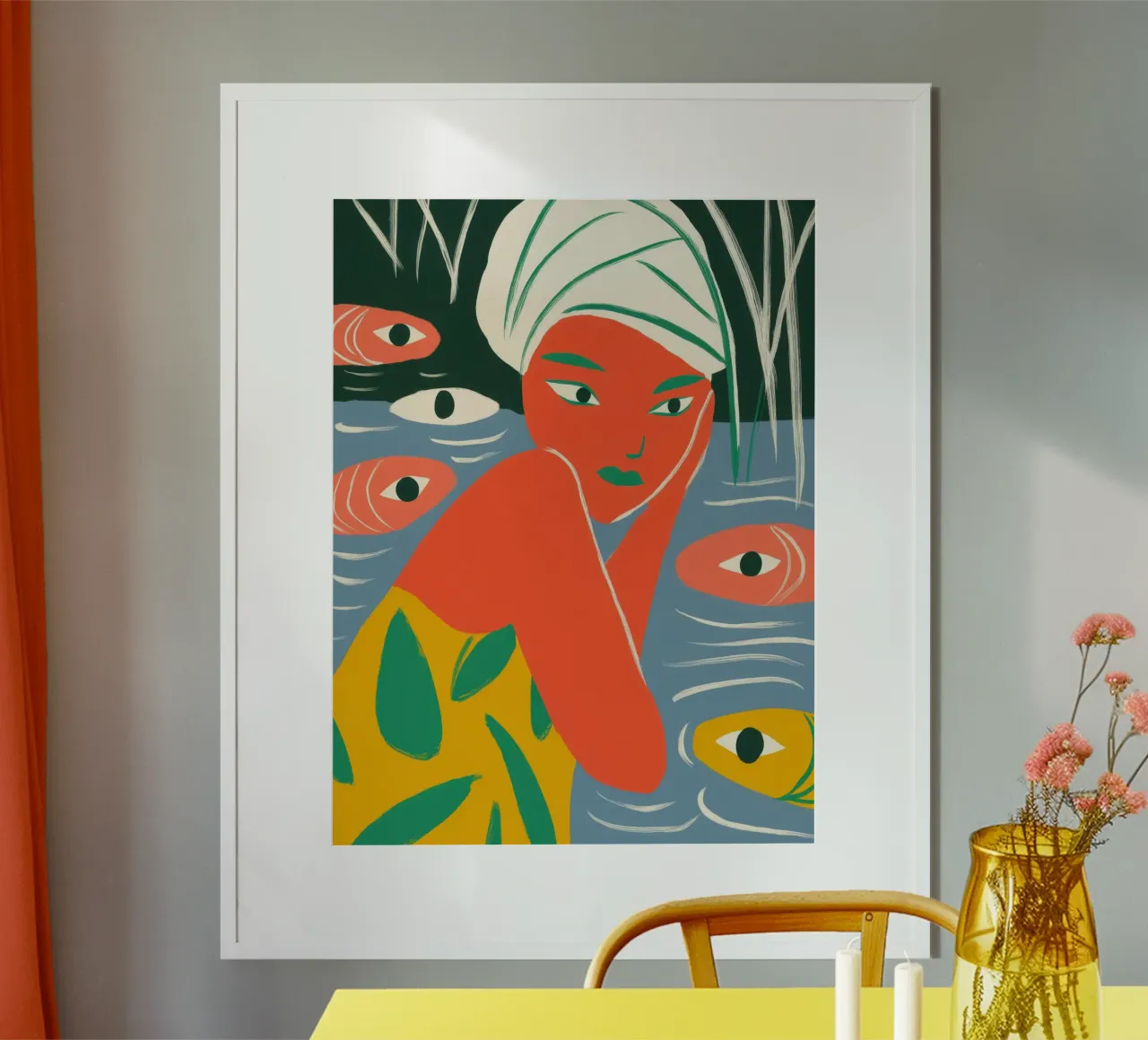 Donna che fa il bagno con i pesci nello stagno poster con telaio in alluminio da Autofocus