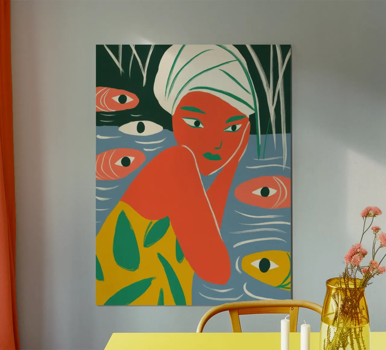 Donna che fa il bagno con i pesci nello stagno poster con telaio in alluminio da Autofocus