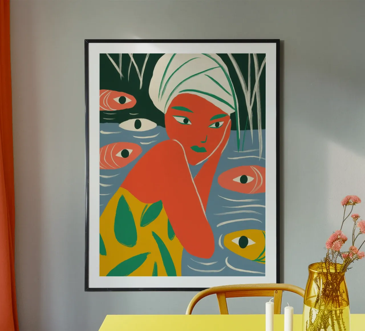 Donna che fa il bagno con i pesci nello stagno poster con telaio in alluminio da Autofocus