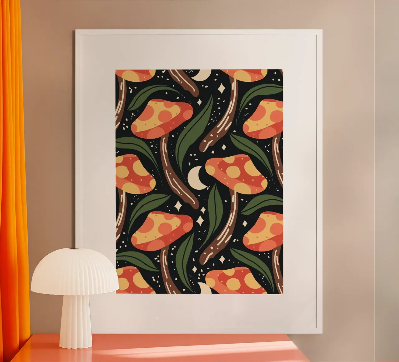 Funky Celestial Mushrooms poster with plastic frame by Mitalim Designs