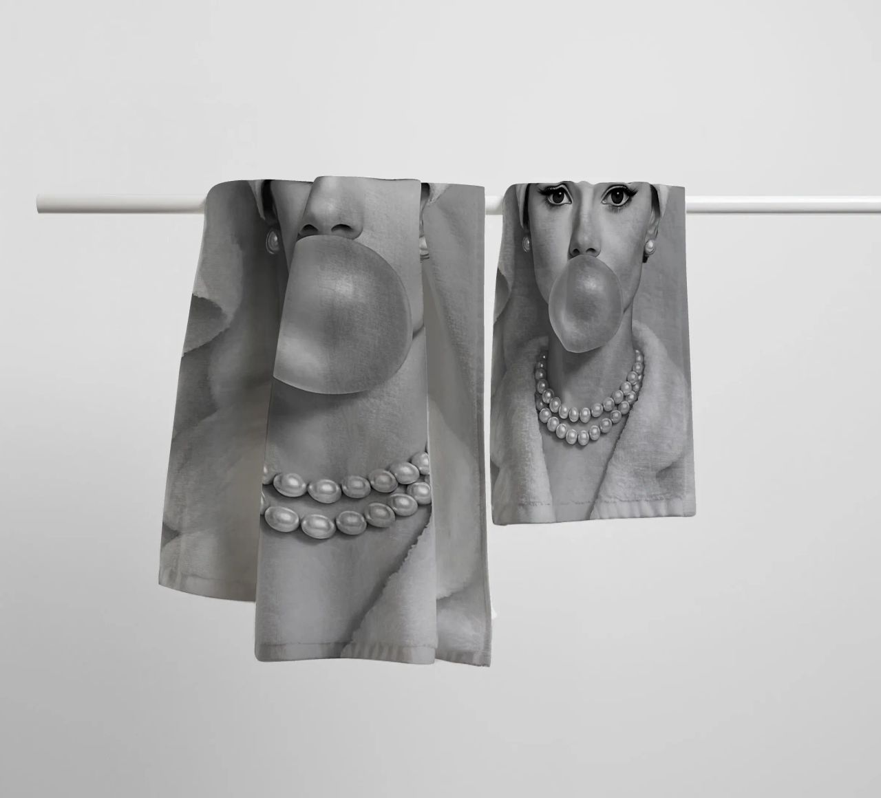 Audrey Hepburn Bubble Gum Black And White towel by ARTOMATIC