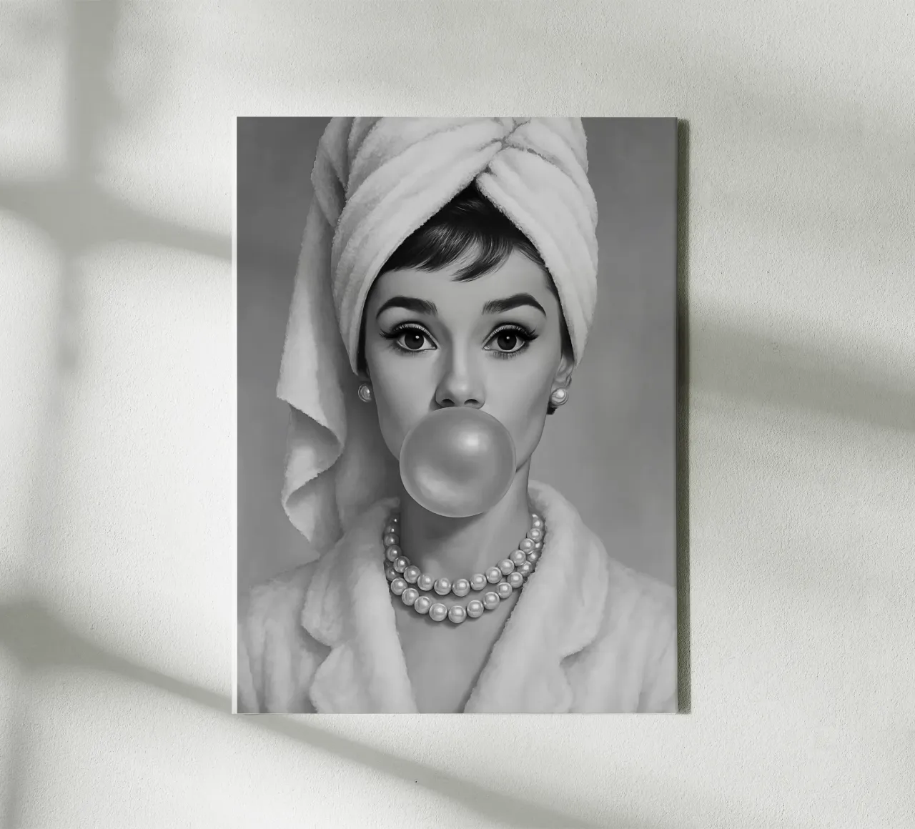 Audrey Hepburn Bubble Gum in bianco e nero tela con Cornice a cassetta da ARTOMATIC