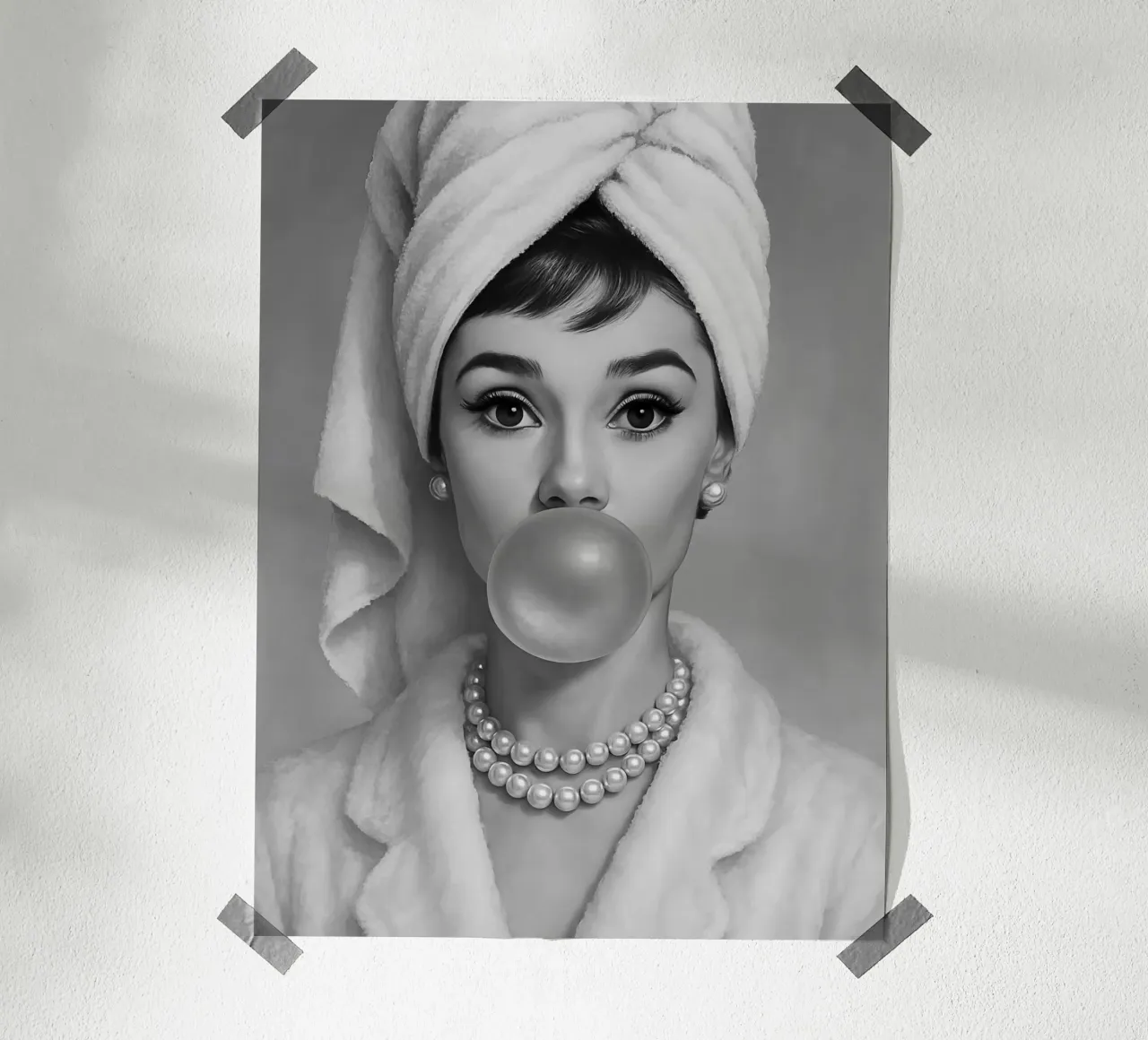 Audrey Hepburn Bubble Gum in bianco e nero poster con telaio in plastica da ARTOMATIC
