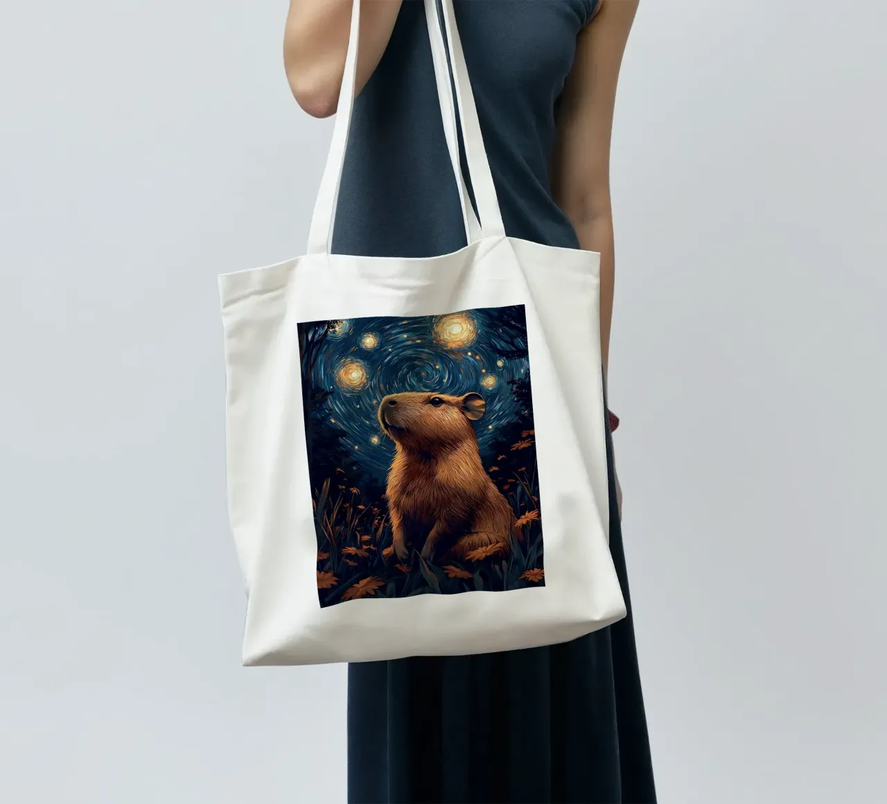 capybara starry sky flowers tote bag by Kirsten C Nolan