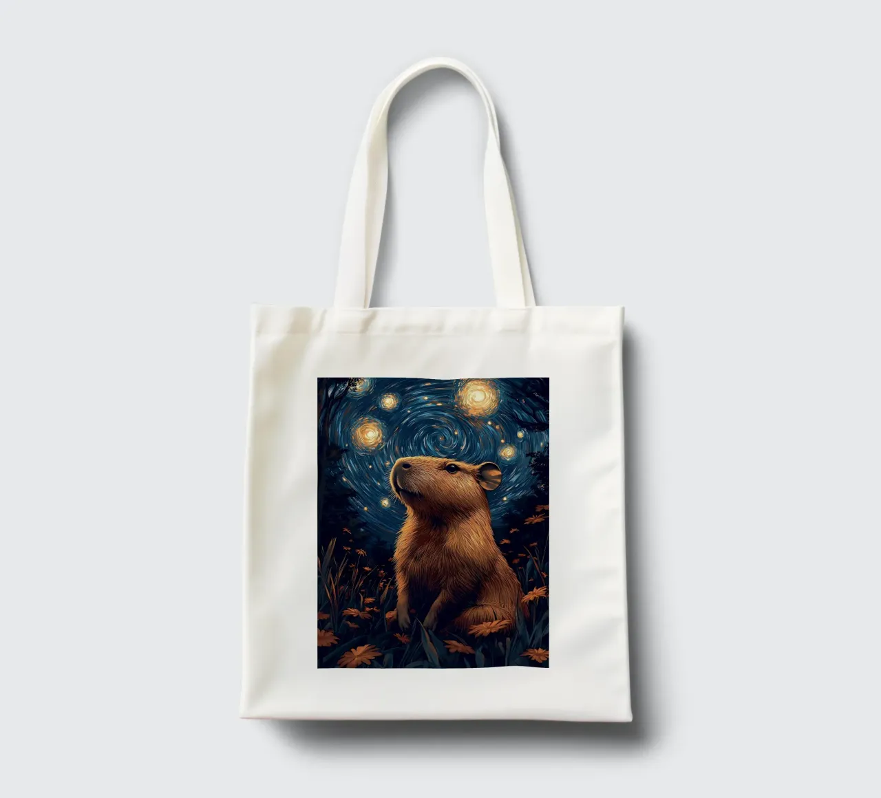 capybara starry sky flowers tote bag by Kirsten C Nolan