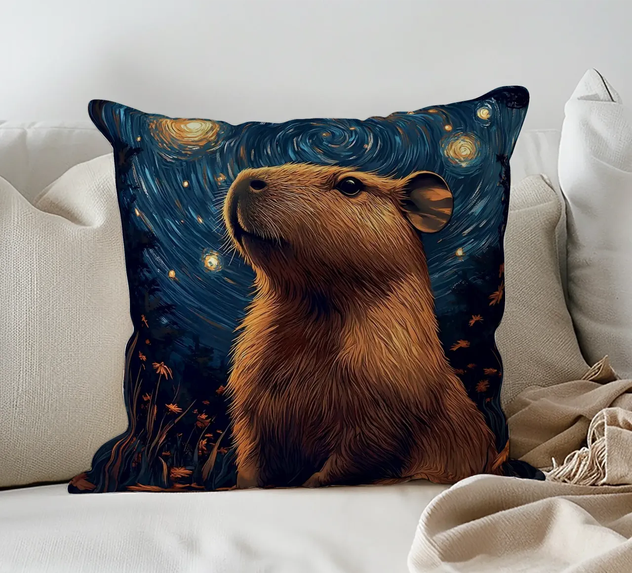 capybara starry sky flowers decorative cushion by Kirsten C Nolan