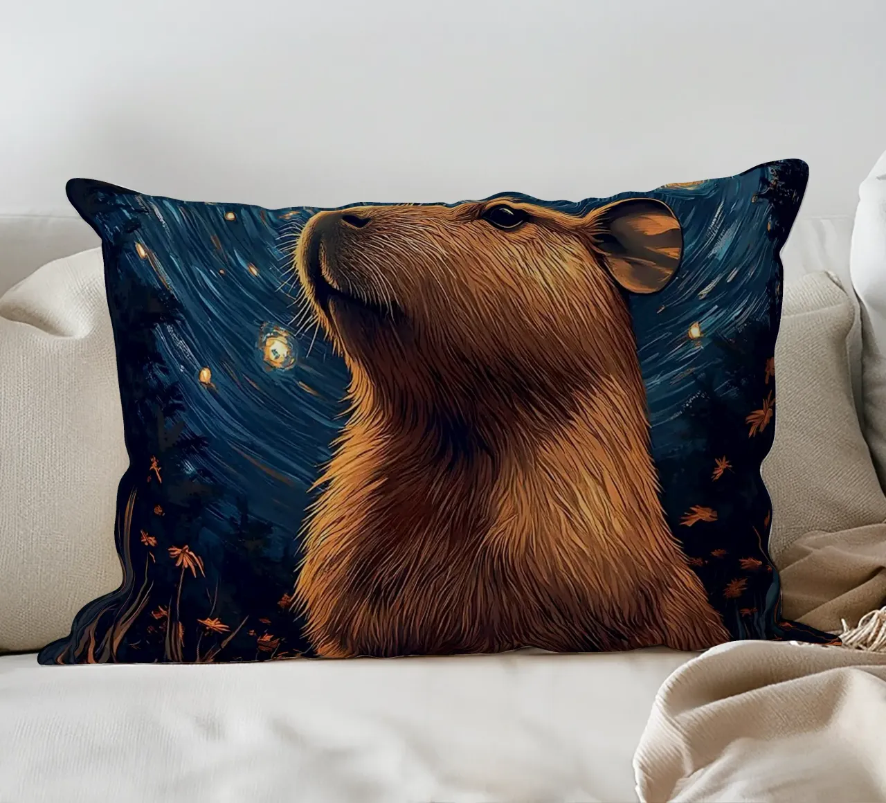 capybara starry sky flowers decorative cushion by Kirsten C Nolan