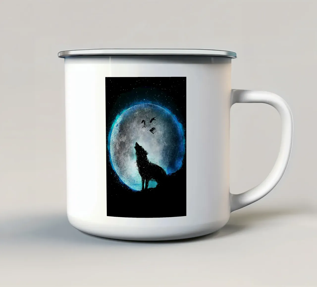 lupo luna uccelli silhouette tazza in smalto da James Isaac Jackson