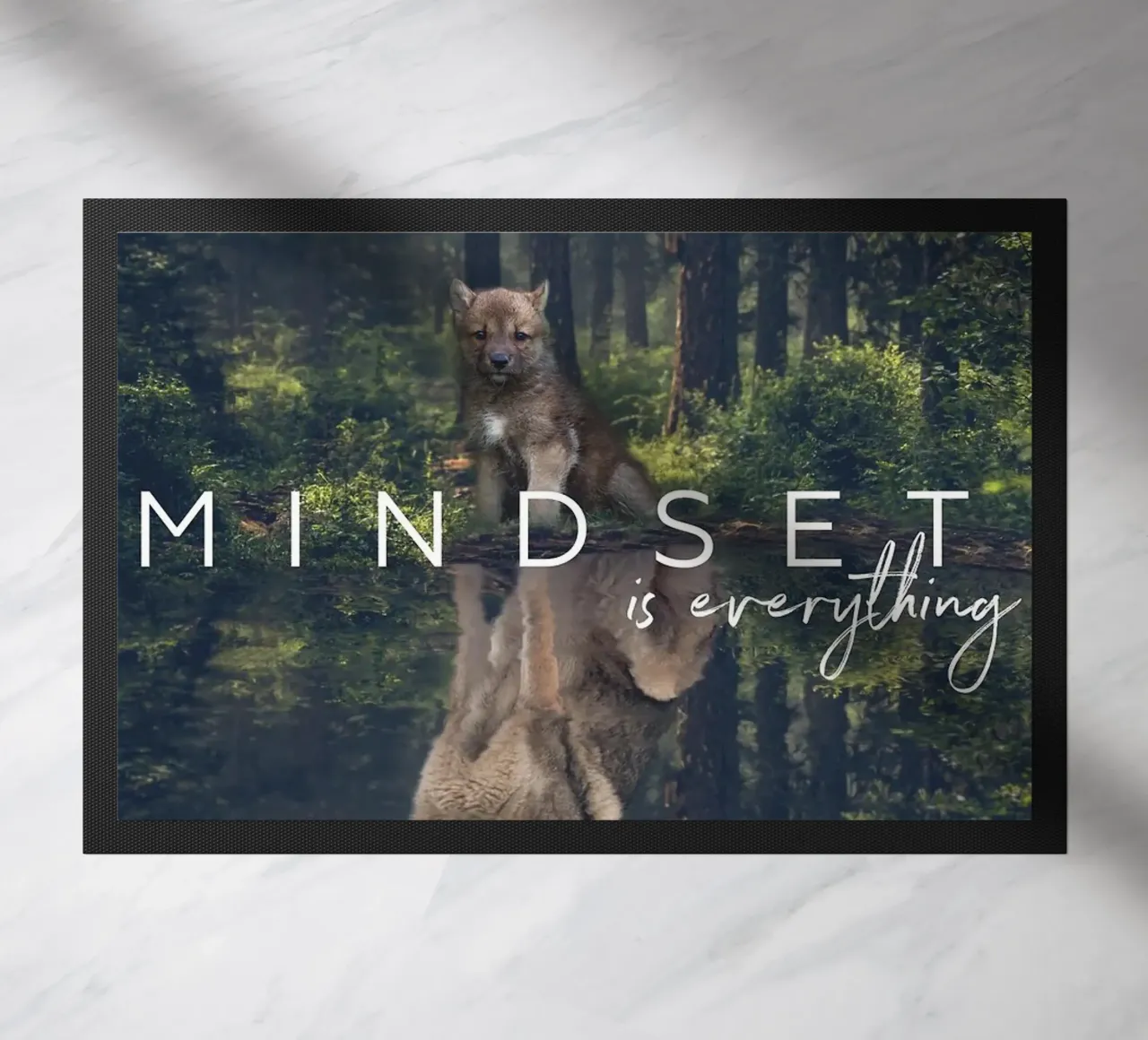 wolf reflection forest trees doormat by James Isaac Jackson