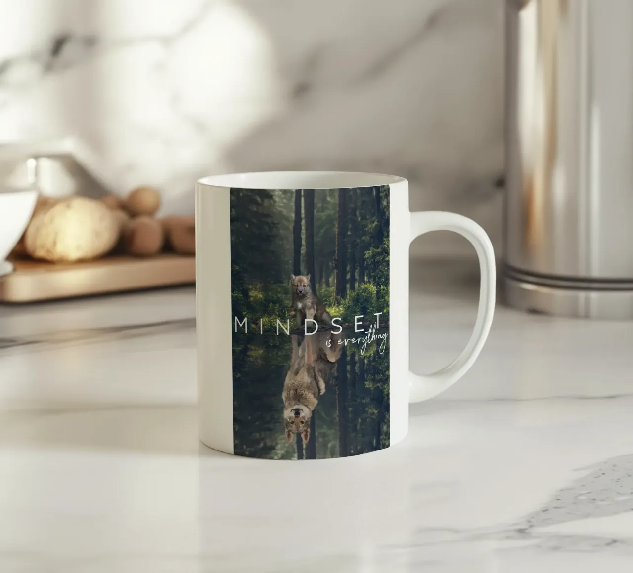 wolf reflection forest trees ceramic mug by James Isaac Jackson