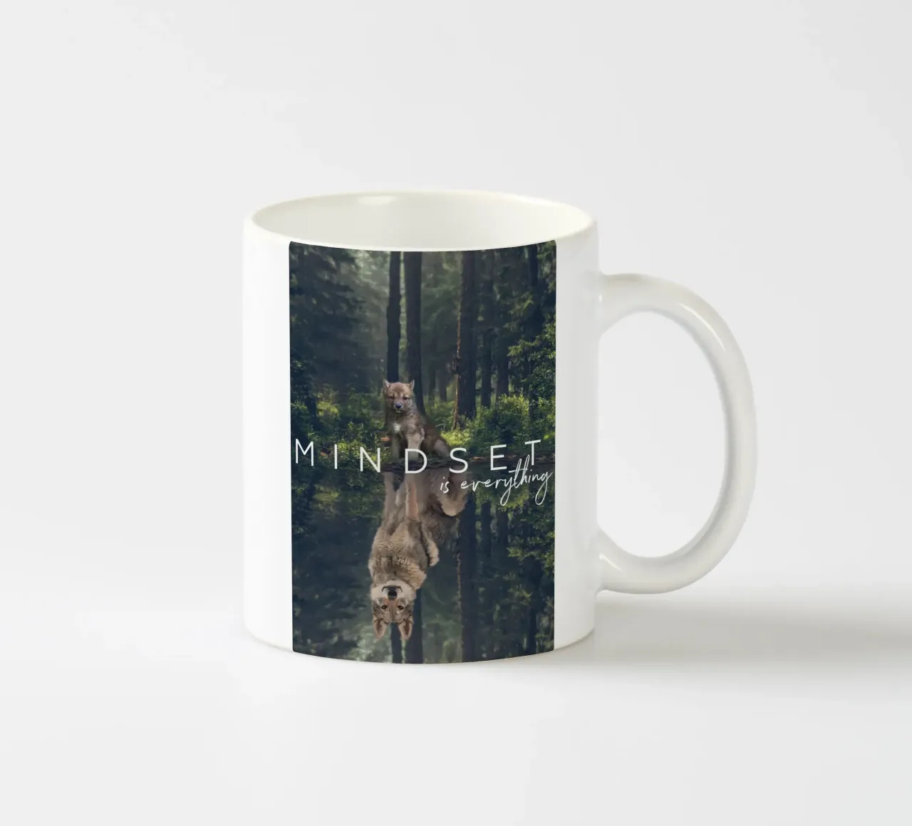 wolf reflection forest trees ceramic mug by James Isaac Jackson