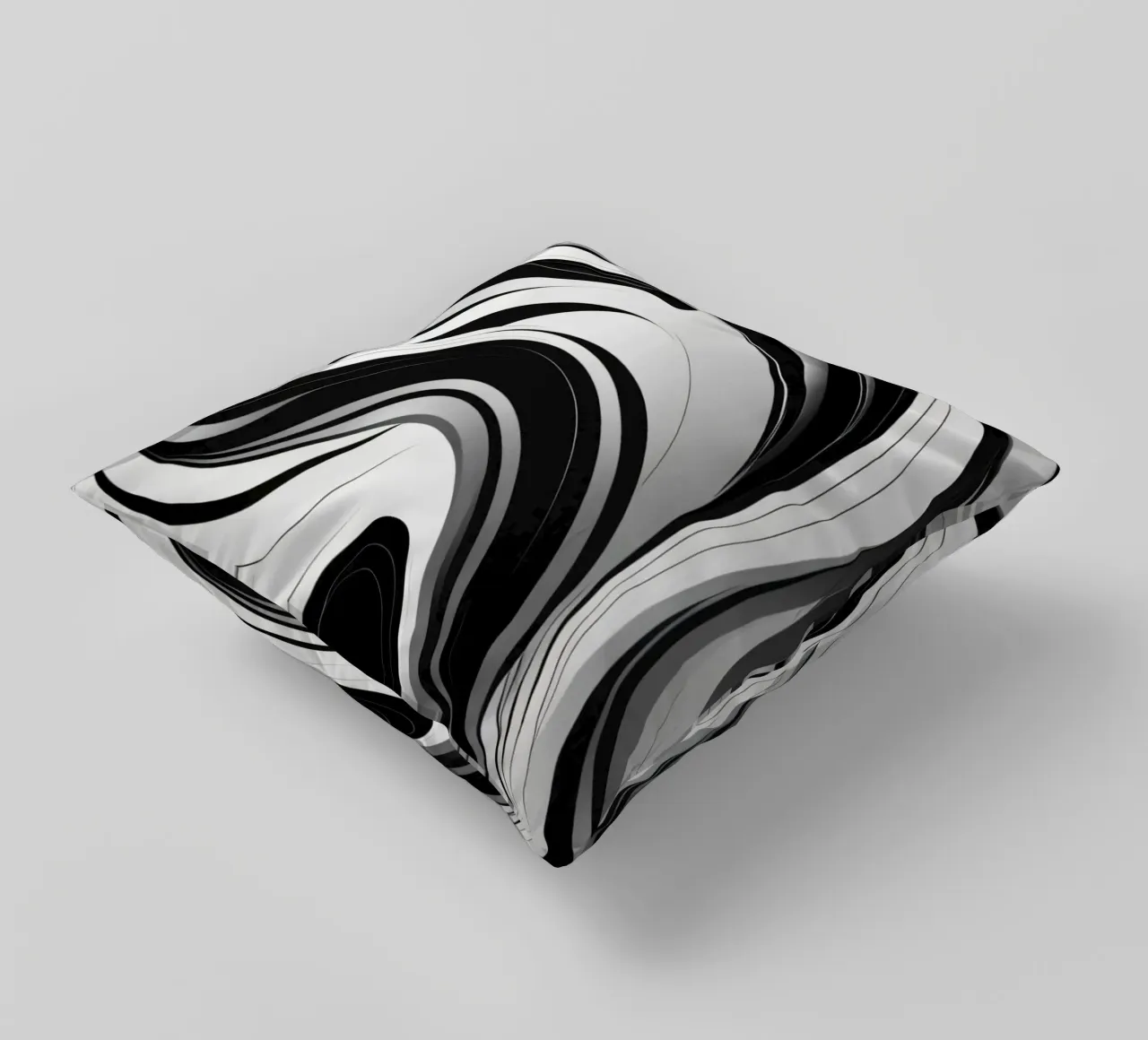 Swirling black and white abstract design with dynamic lines decorative cushion by DesignDoodle