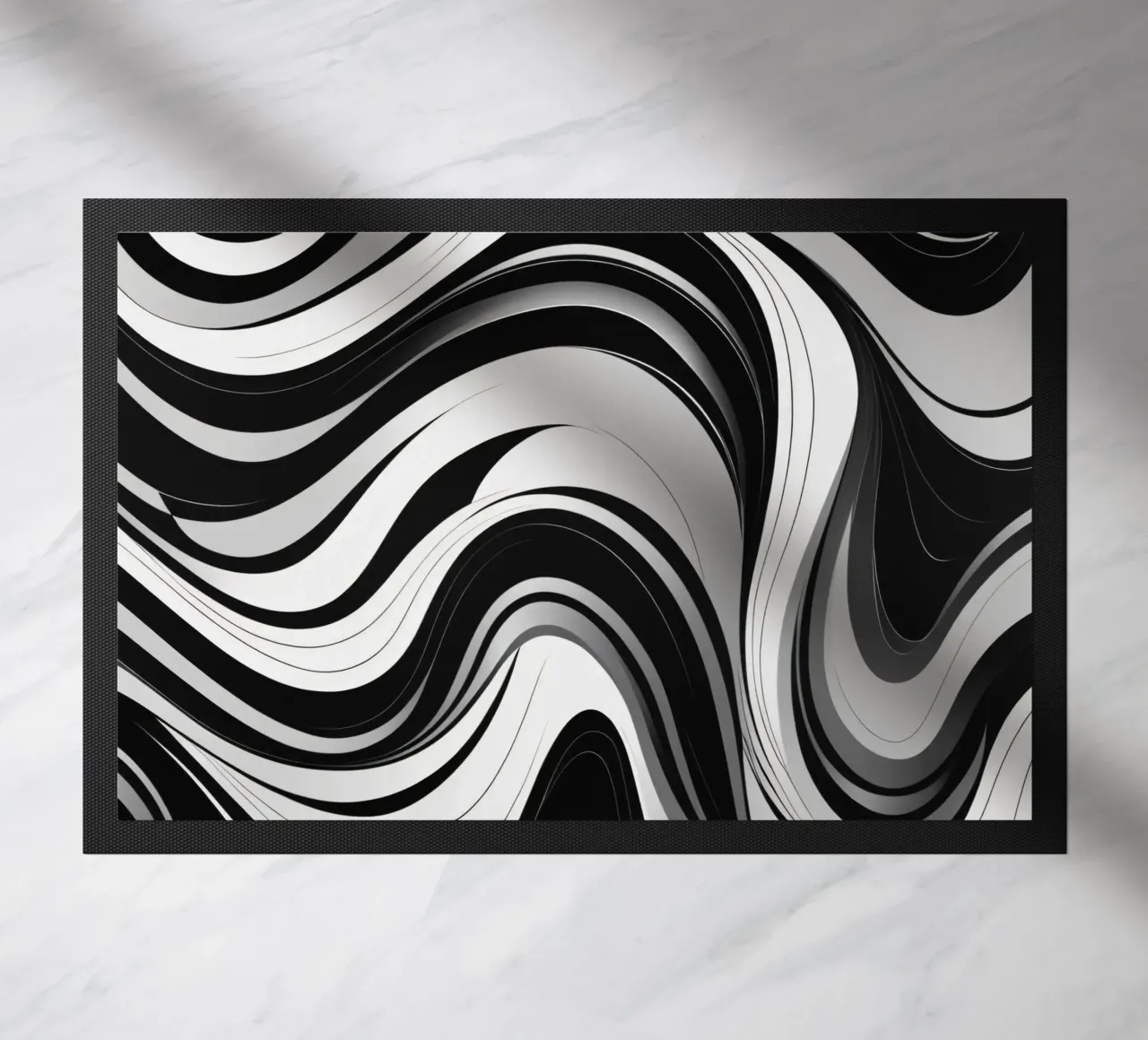 Swirling black and white abstract design with dynamic lines doormat by DesignDoodle