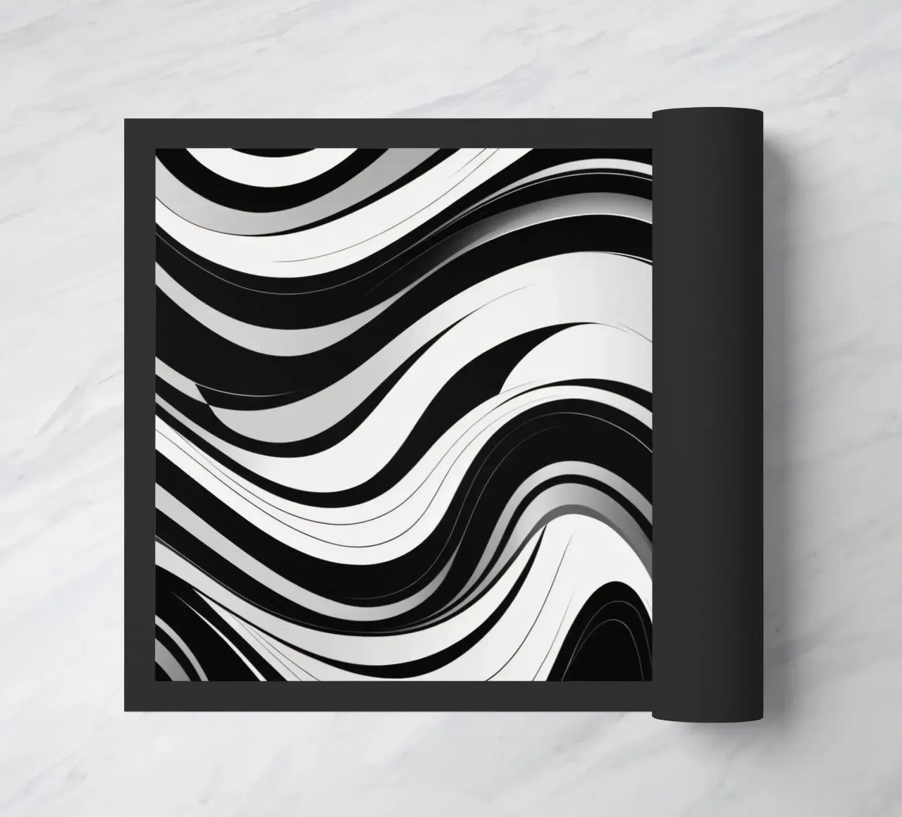 Swirling black and white abstract design with dynamic lines doormat by DesignDoodle