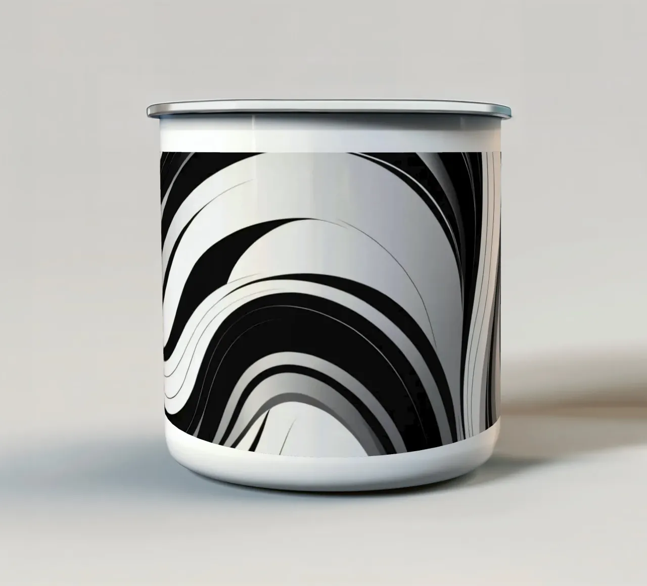 Wirbelndes schwarz-weißes abstraktes Design mit dynamischen Linien Emaille Tasse von DesignDoodle