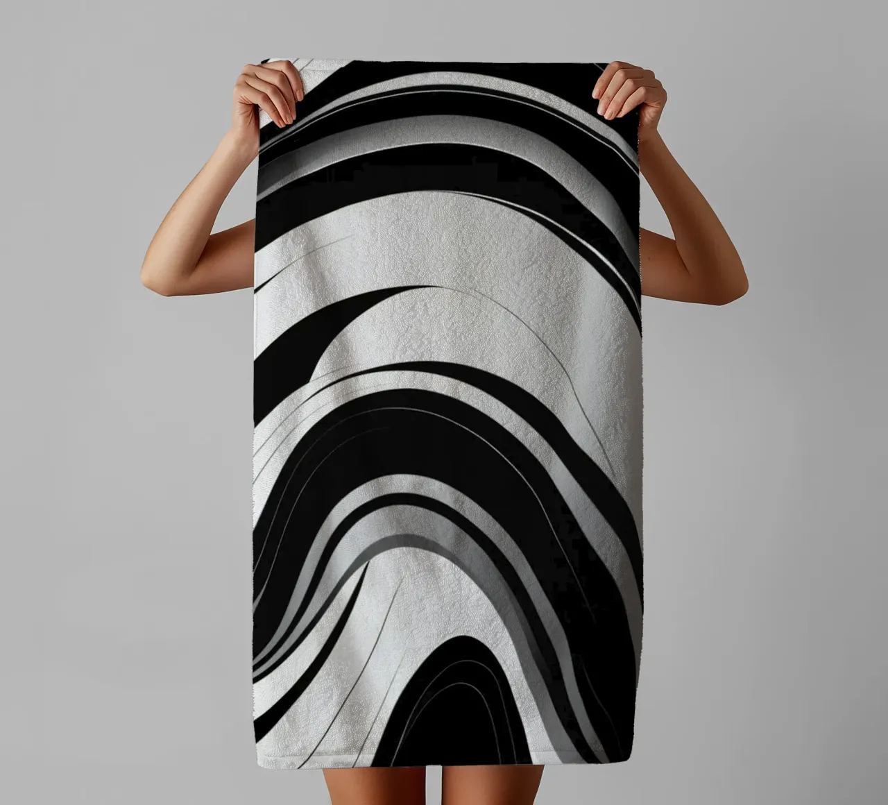 Swirling black and white abstract design with dynamic lines towel by DesignDoodle