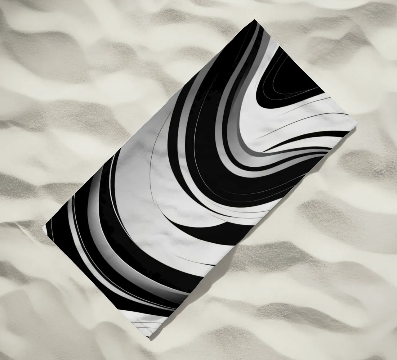 Swirling black and white abstract design with dynamic lines beach towel by DesignDoodle