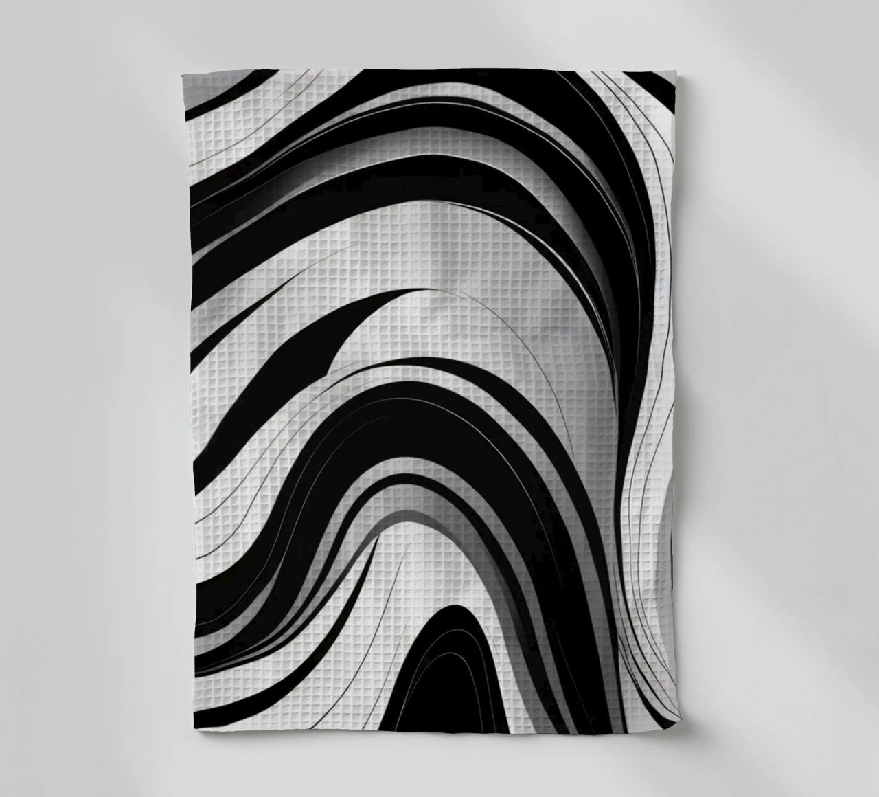 Swirling black and white abstract design with dynamic lines tea towel by DesignDoodle