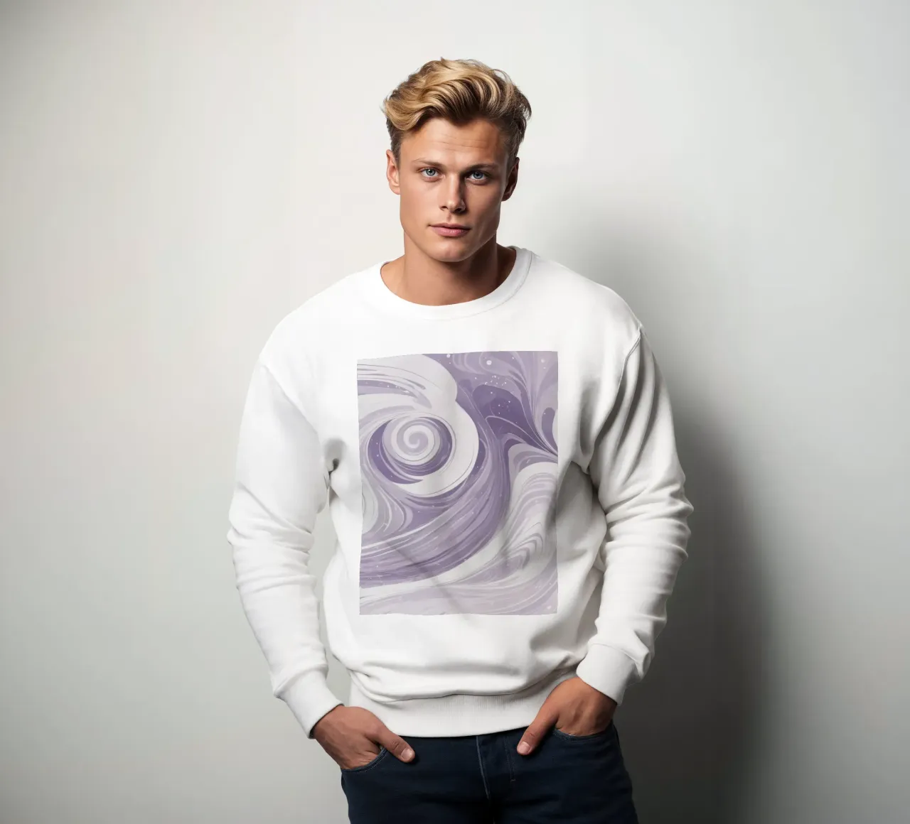Swirling patterns in shades of purple create a calming room sweatshirt by DesignDoodle
