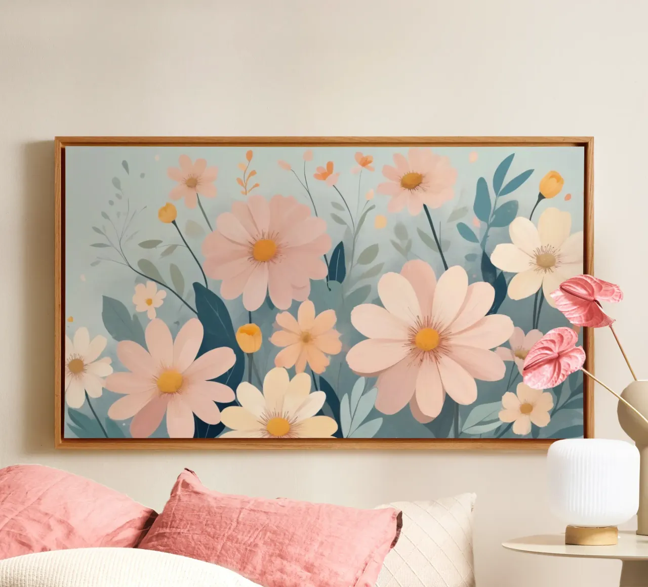 Illustrazione floreale colorata con vari fiori tela con Cornice a cassetta da DesignDoodle