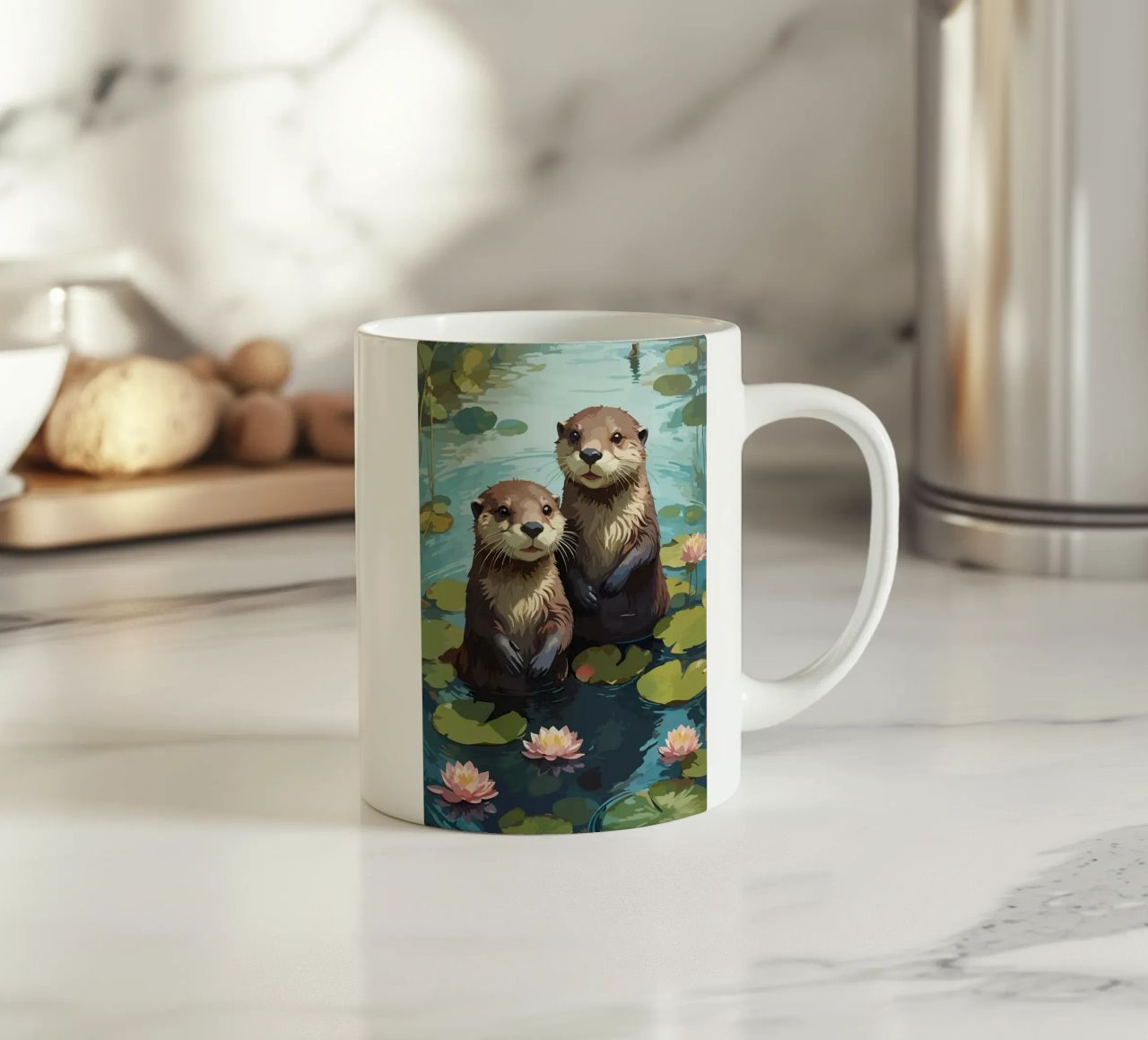 stagno delle lontre ninfee fiori di loto tazza in ceramica da RJ Peterson-Animal