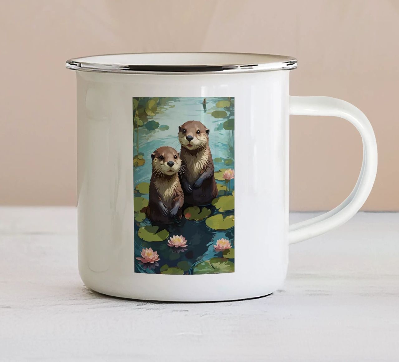 stagno delle lontre ninfee fiori di loto tazza in smalto da RJ Peterson-Animal