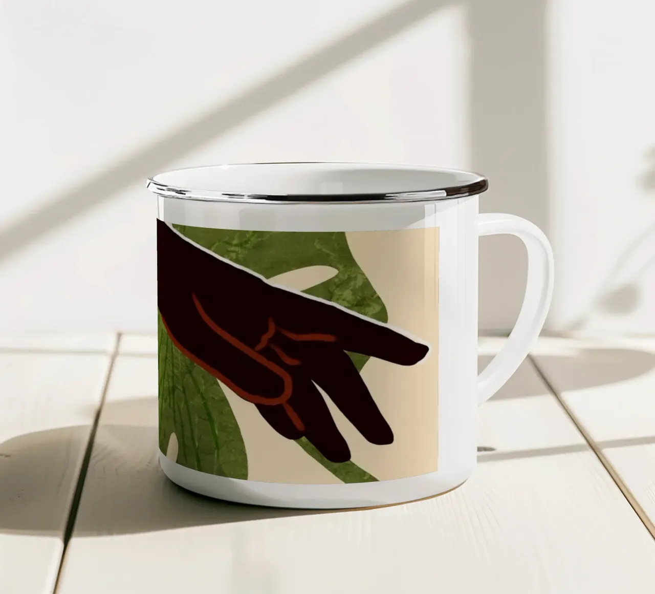 Groen canvas, rood accent emaille mok van Kintsugi99