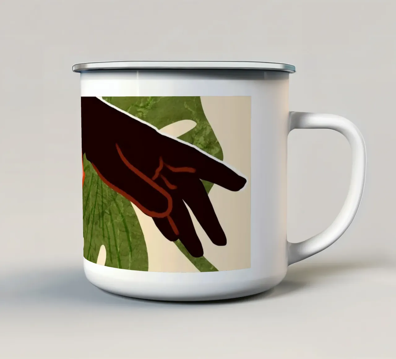 Groen canvas, rood accent emaille mok van Kintsugi99