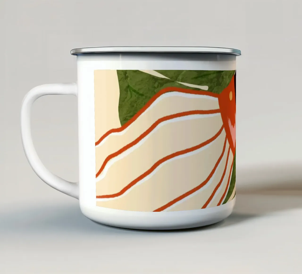 Groen canvas, rood accent emaille mok van Kintsugi99