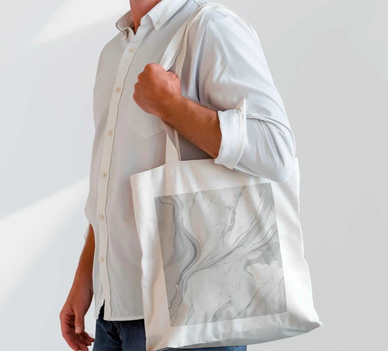 Elegant gray marble texture with swirling patterns and light tote bag by DesignDoodle