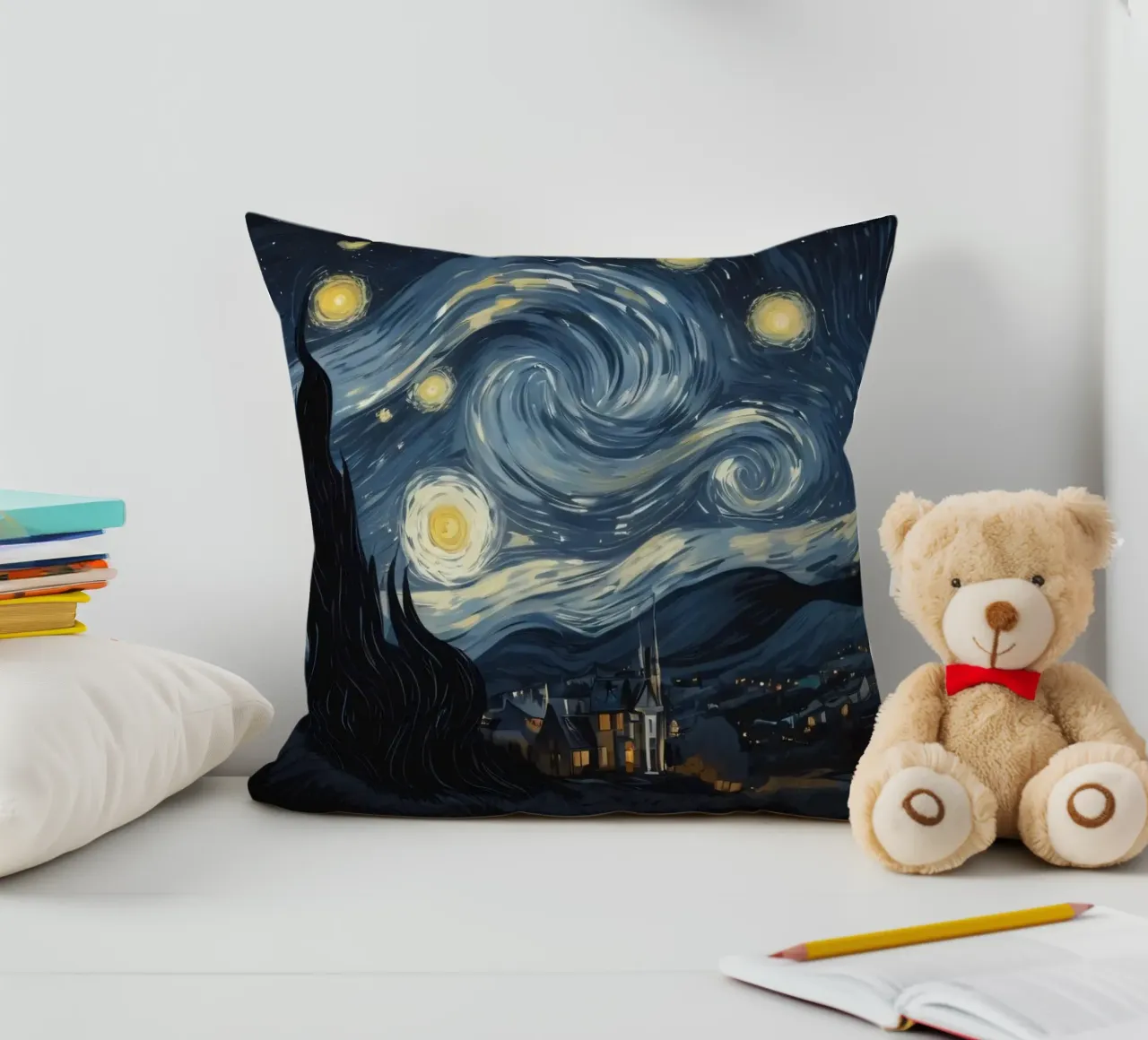 Il cielo notturno pieno di stelle vorticose sopra un tranquillo villaggio cuscino da DesignDoodle