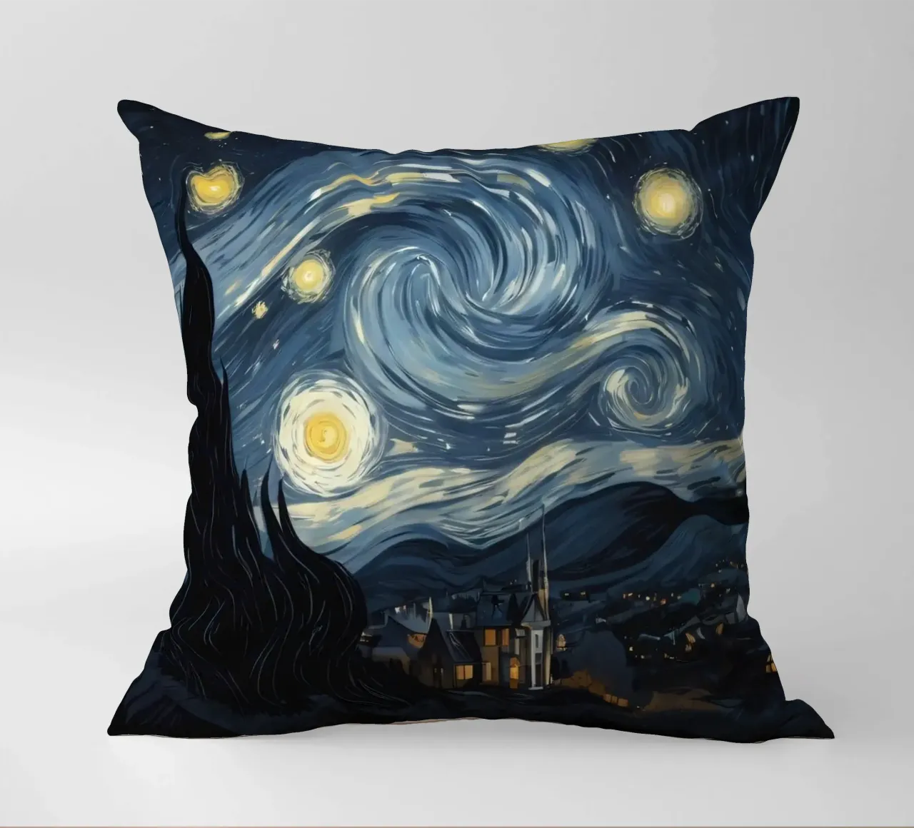 Il cielo notturno pieno di stelle vorticose sopra un tranquillo villaggio cuscino da DesignDoodle