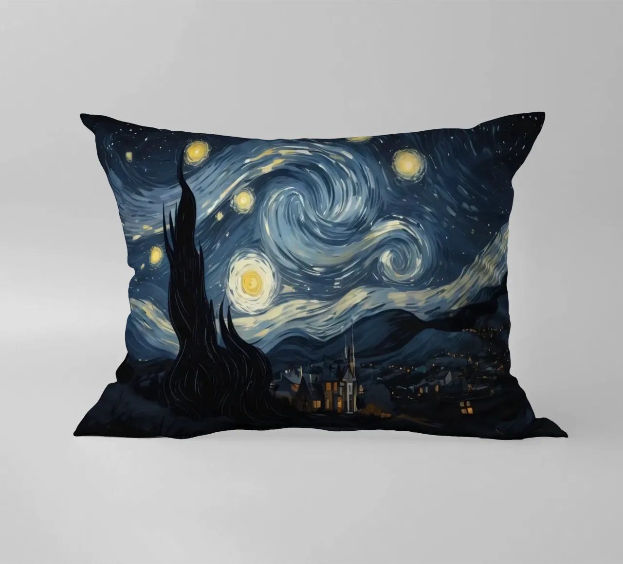Il cielo notturno pieno di stelle vorticose sopra un tranquillo villaggio cuscino da DesignDoodle