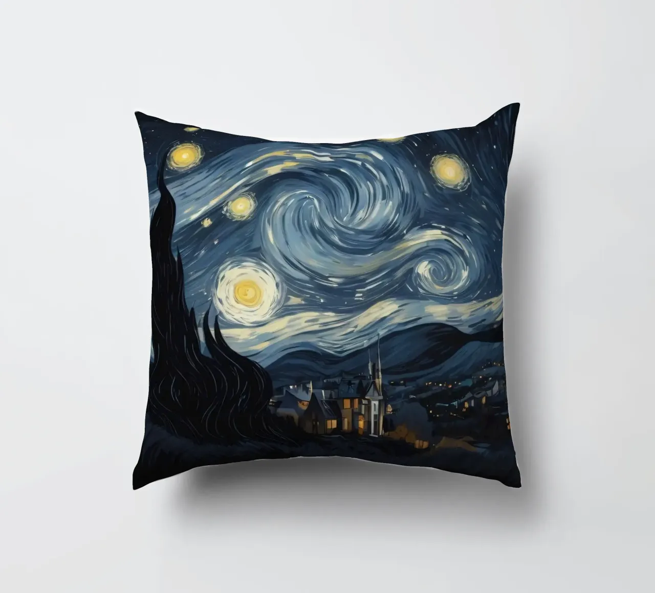 Il cielo notturno pieno di stelle vorticose sopra un tranquillo villaggio cuscino da DesignDoodle