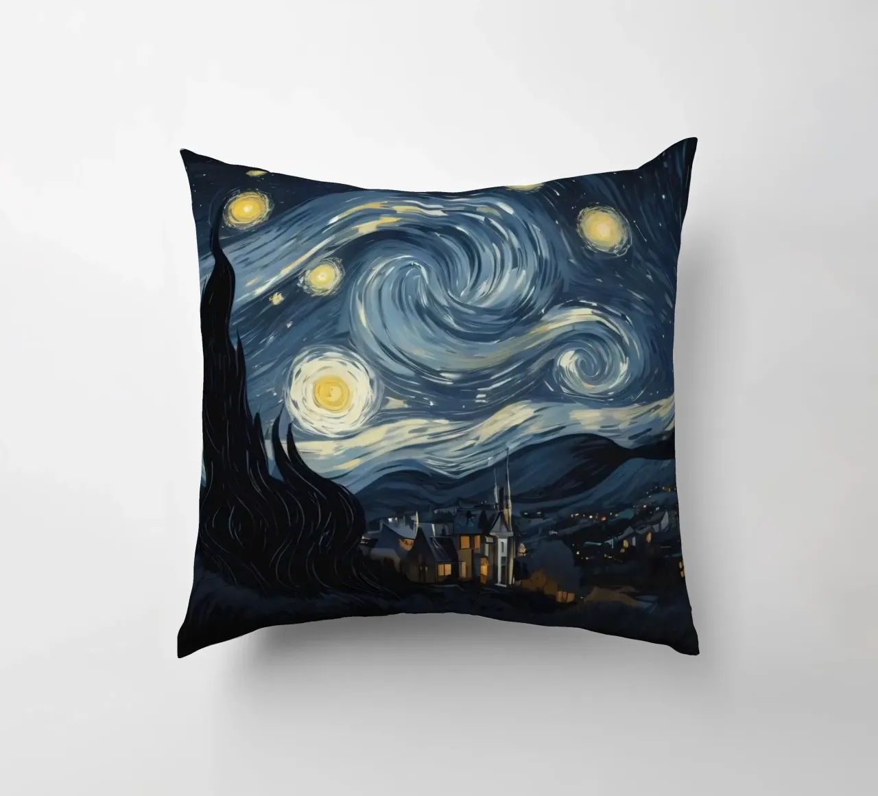 Il cielo notturno pieno di stelle vorticose sopra un tranquillo villaggio cuscino da DesignDoodle