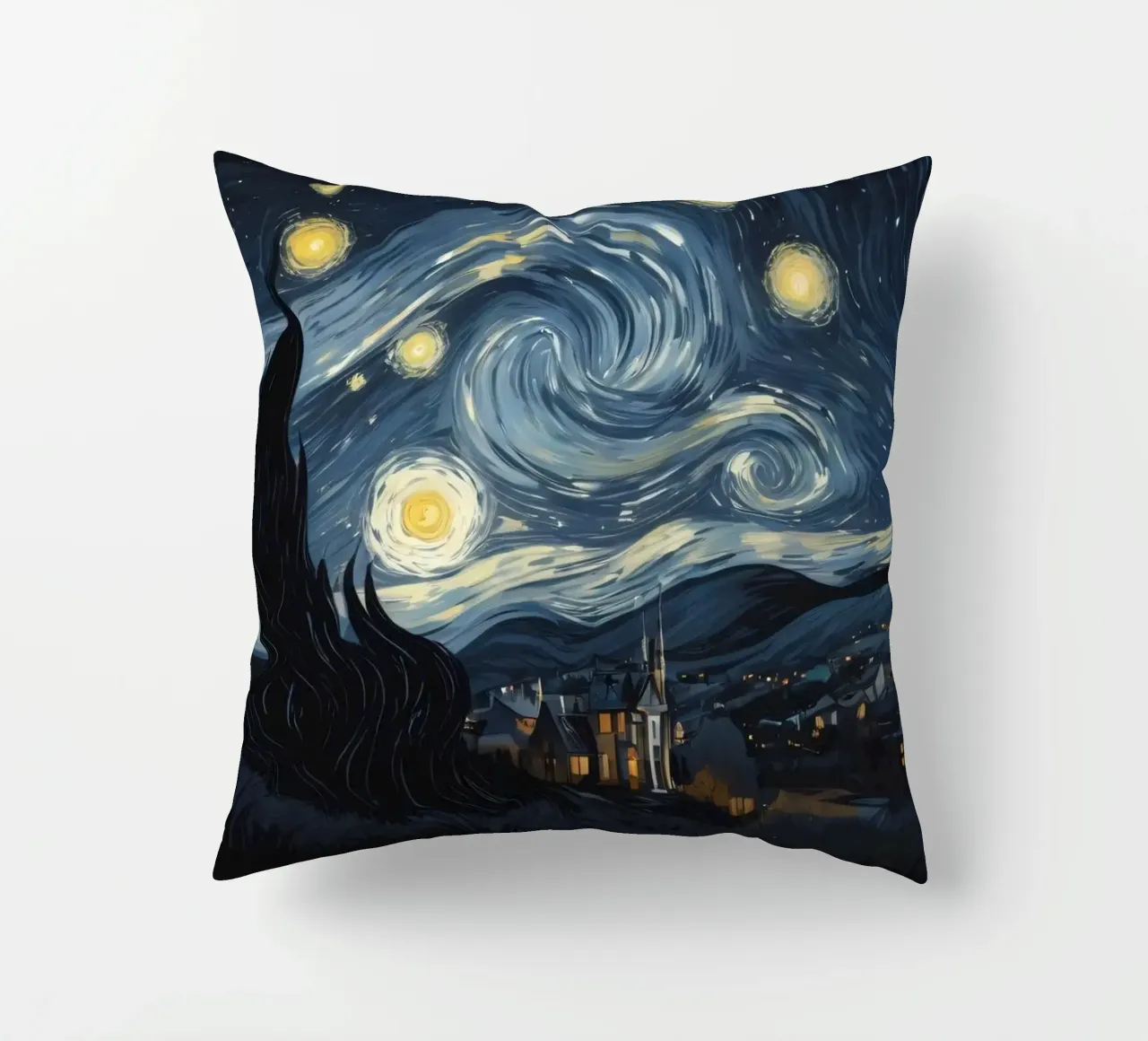 Il cielo notturno pieno di stelle vorticose sopra un tranquillo villaggio cuscino da DesignDoodle