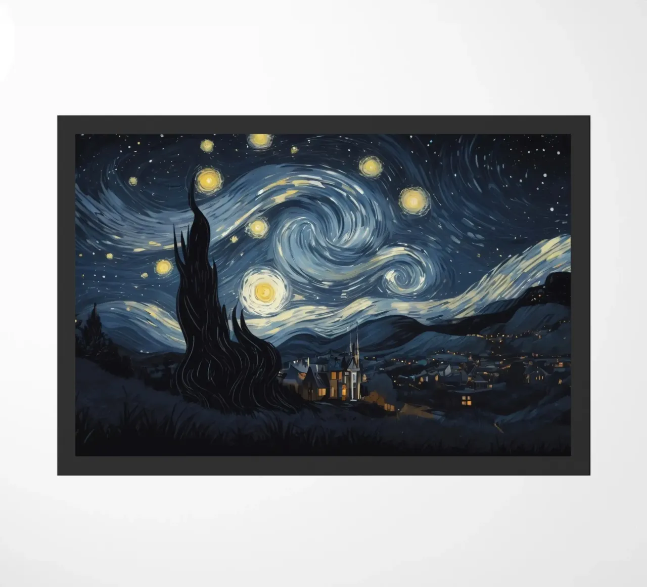 Il cielo notturno pieno di stelle vorticose sopra un tranquillo villaggio zerbino da DesignDoodle