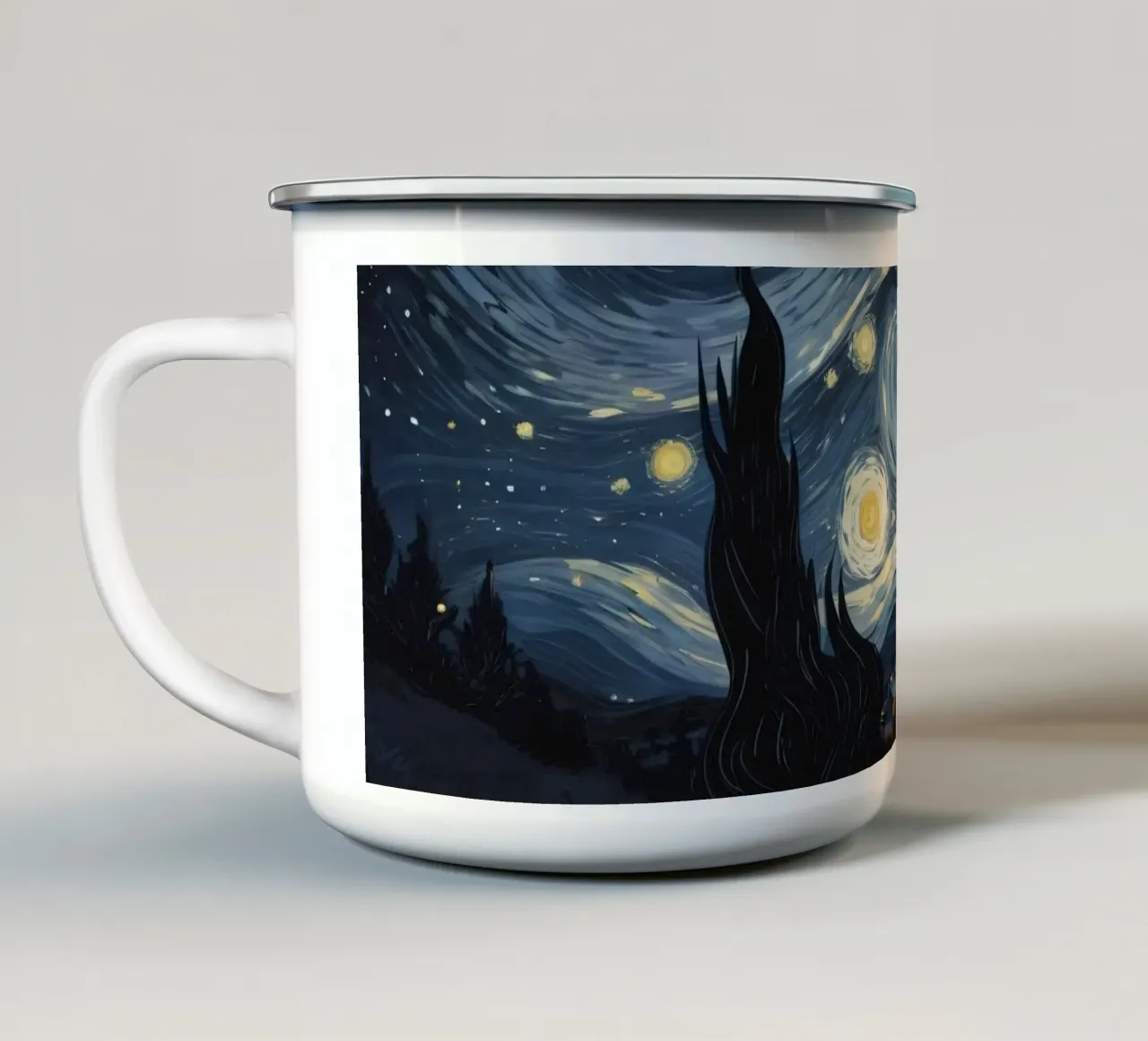 Il cielo notturno pieno di stelle vorticose sopra un tranquillo villaggio tazza in smalto da DesignDoodle