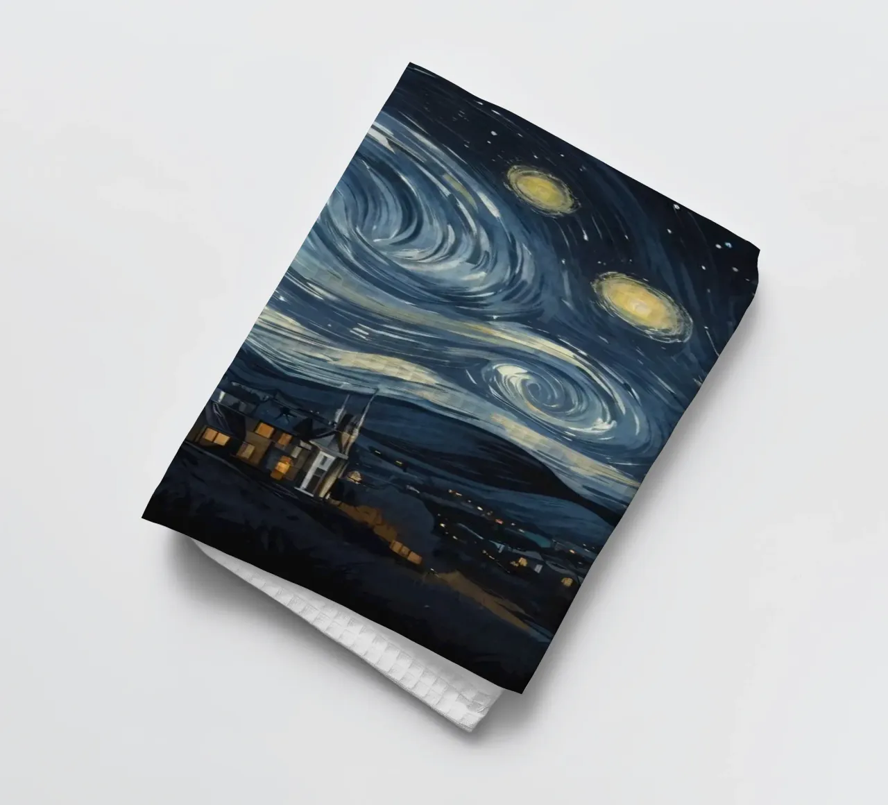 Il cielo notturno pieno di stelle vorticose sopra un tranquillo villaggio canovaccio da cucina da DesignDoodle
